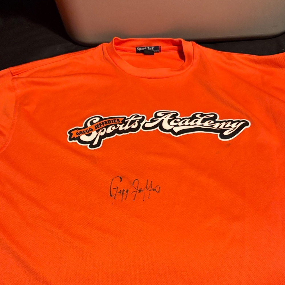 Sport-Tek Orange Gregg Jefferies Sports Academy shirt autographed.